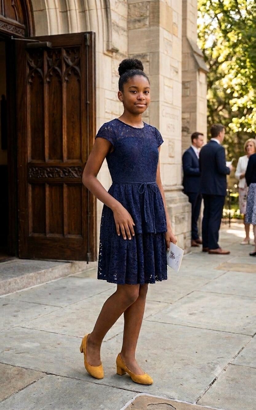Xtraordinary Girls Navy Blue Tiered Floral Lace Dress Size 16 String Tie Waist